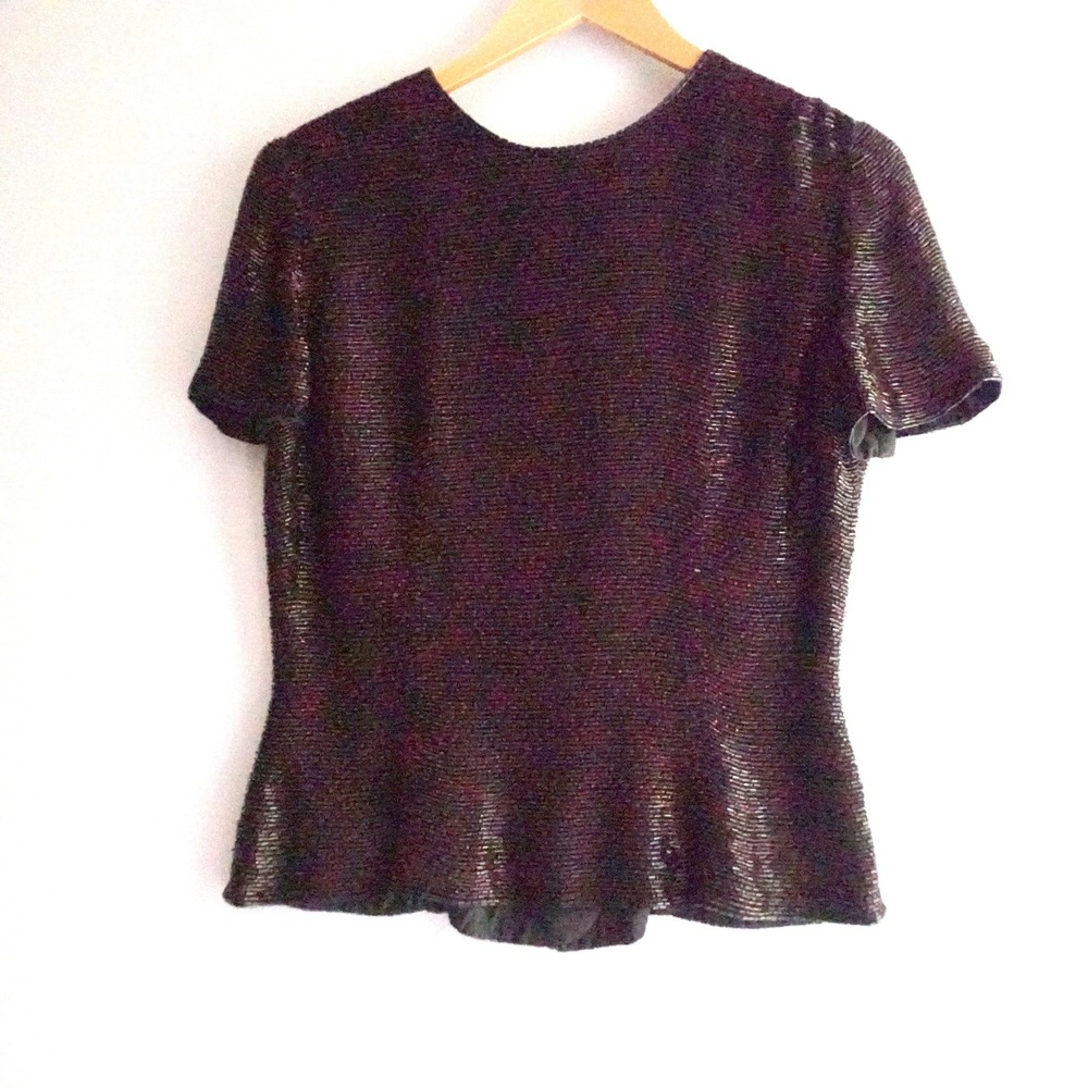 VTG Oleg Cassini Beaded Silk Blouse Black Red Short Sleeve S 90s Cocktail‎ Glam